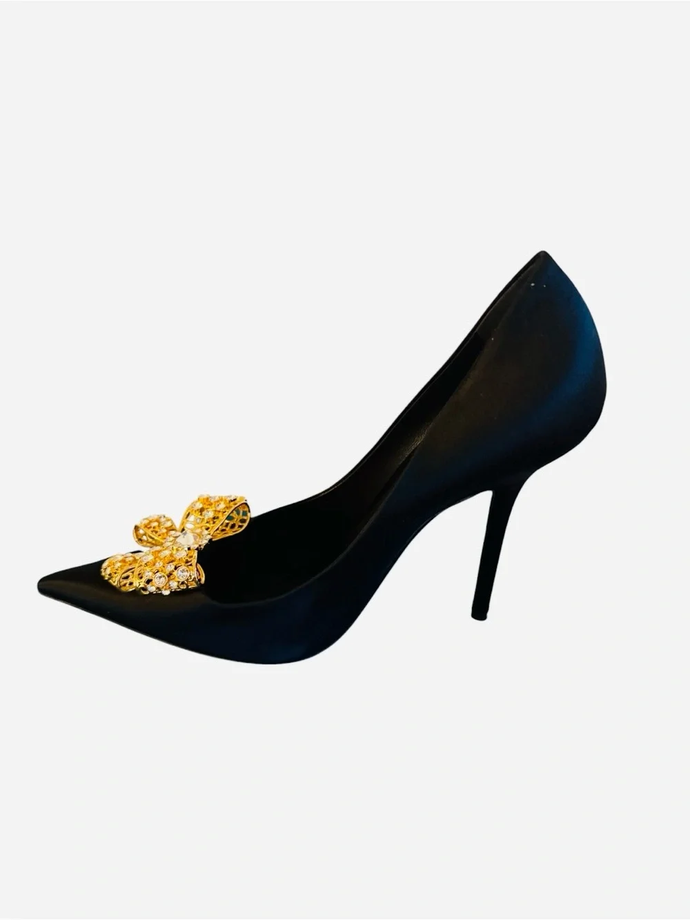 Versace Black Satin Pumps With Embellished Gold & Crystal Bow Sz EU40/US10 (New)